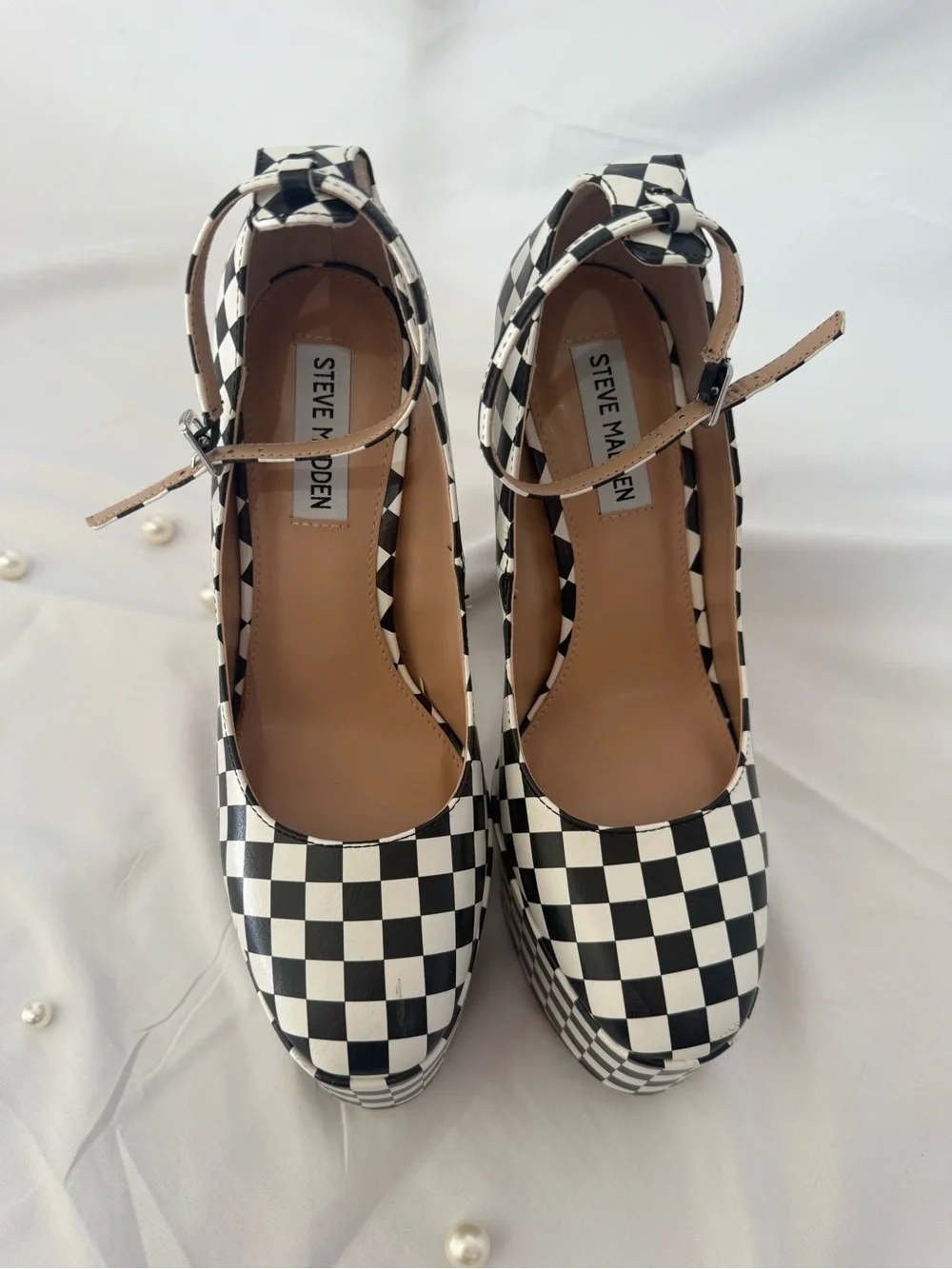 Steve Madden Black and White Checkerboard Platform Pumps with Ankle Strap